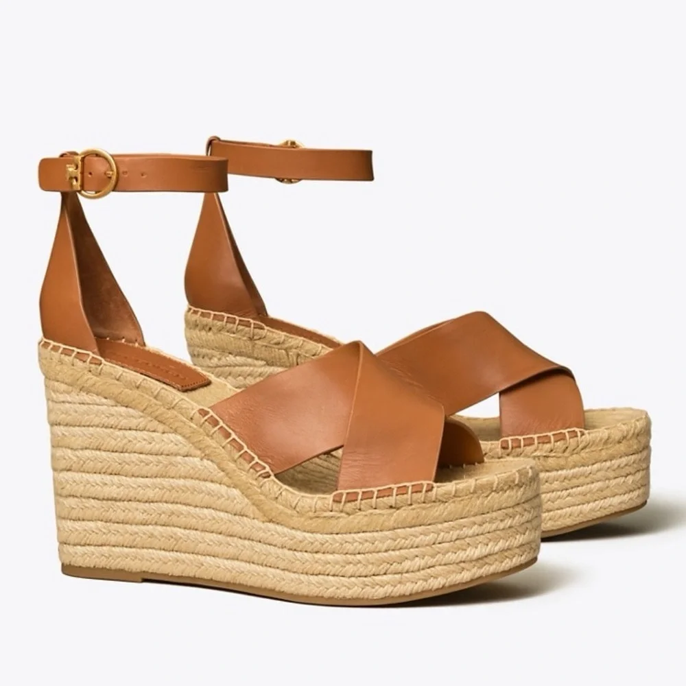 Tory Burch Brown Selby Ambra Leather Wedge Espadrilles